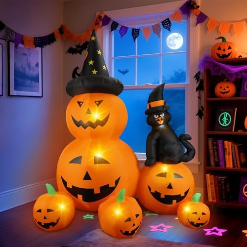 6Ft Halloween Inflatable Decorations Pumpkins Patch Lanterns with Black Cat with Build-in LEDs Blow Up Inflatables for Outdoor Decoration Balcony Home Lawn Patio