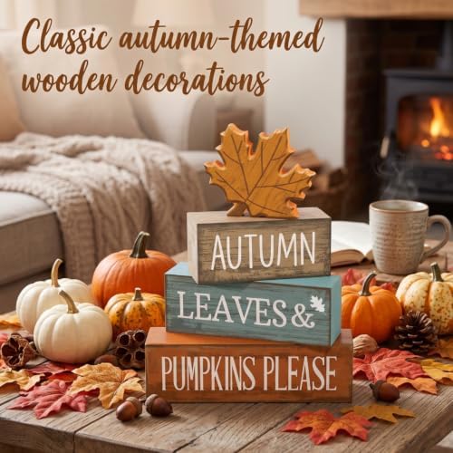 Lineshading 4 Pcs Fall Table Decor, Thanksgiving Wooden Maple Leaf Sign