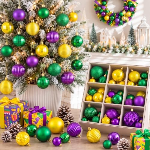 Lunmon 64 Pcs Mardi Gras Christmas Ornaments Purple Yellow Green Xmas Bulbs