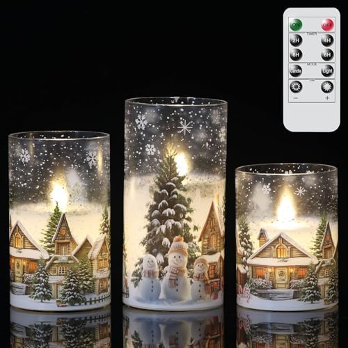 Snowman House Glass Flameless Candle Battery Operated Remote Timer