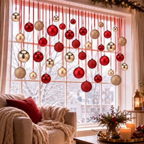 56 Pcs Red Gold Christmas Window Hanging Ball Ornament Window Decorations