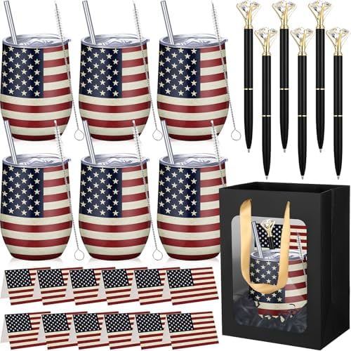 Patelai 30 Pcs 2026 American Flag Pattern Cups Gift Set for Men Women 12oz Stainless Steel Tumbler Mug Cups with Lid and Straw Pens and Card Set with Gift Bags for 4th of July 250th Memorial Day