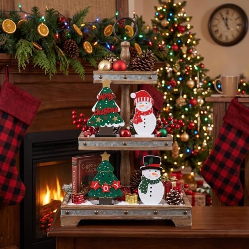 DECSPAS Christmas Decorations Indoor, 4 PCS Wood Christmas Trees & Snowmen for Centerpiece Table Decorations, Wooden Tiered Tray for Xmas Decor, Home, Winter, Tabletop, Mantel, Shelf, Gifts