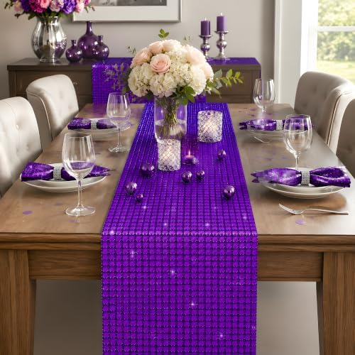 Disco Party Decorations - Purple Sequin Glitter Disco Table Runner