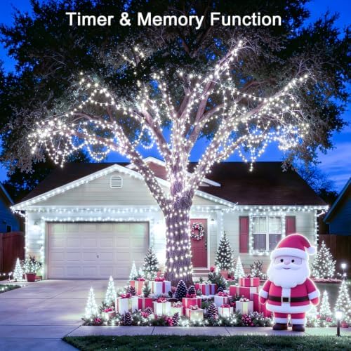 KNONEW 600ft 1500 LED Christmas String Lights Outdoor Green Wire 8 Modes & Timer Fairy Light Plug in Waterproof Patio Lights for Xmas Yard Tree Wedding Party Holiday Decorations (Cool White)