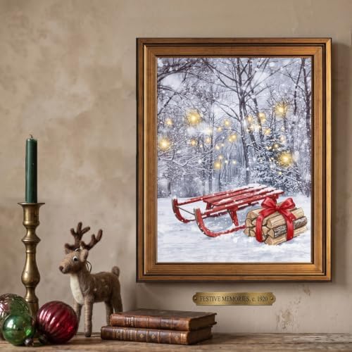 Framed Red Sled in Snowy Forest Art Print in Gold Frame Inch 16x20