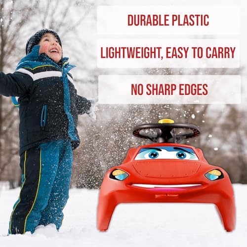 Snow Sled for Kids - SnoWheel Sledge - Toboggan with Pull Rope and Decorative Steering Wheel; Outdoor Plastic Winter Sleigh for Toddlers & Kids