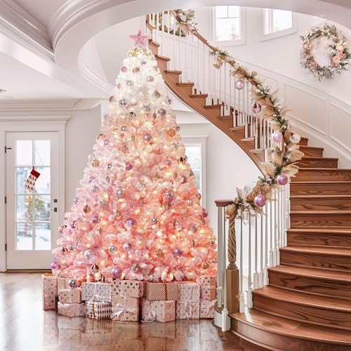 Yaheetech 9ft Prelit Flocked Christmas Tree, Pink & White, 900 Lights