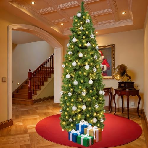 31 Pcs 6 Ft Artificial Slim Christmas Tree with 200 LED Warm White String Lights 30 Silver Ball Ornaments Skinny Thin Pencil Tree with Metal Stand for Home Xmas Holiday Party Decoration