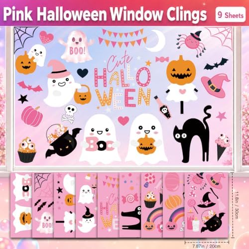 Pink Halloween Window Clings Stickers Decor for Kids Cute Decal Decorations