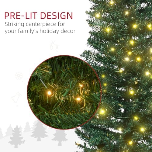 HOMCOM 7' Tall Pre-Lit Slim Noble Fir Artificial Pencil Christmas Tree with 200 Warm White LED Lights and 499 Tips, for Christmas Decoration, Green