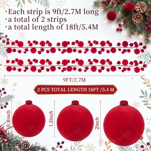 2 Pcs 9 ft Red Velvet Christmas Ball Ornament Garland