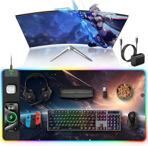 5-in-1 RGB Mouse Pad with 15W Wireless Charging, Keyboard Pad for Desk