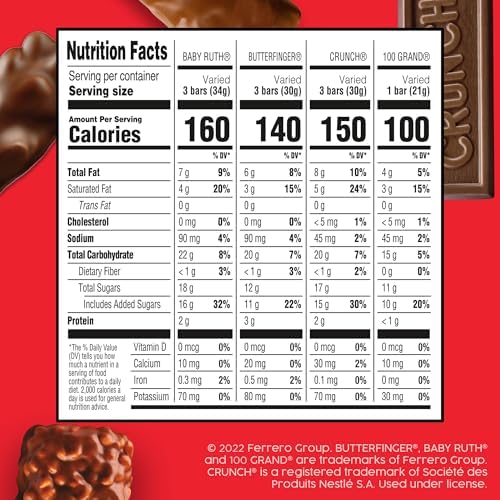 Butterfinger, CRUNCH, Baby Ruth, 100 Grand Fun Size, Assorted Candy Bars, Great for Sharing, Bulk 80 Count Pack, 32.1 oz