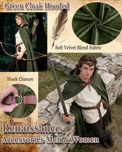 kasahara Renaissance Hooded Cloak Medieval Costume Accessories for Men Women Halloween Costume Cape Belt Pouch Bracers