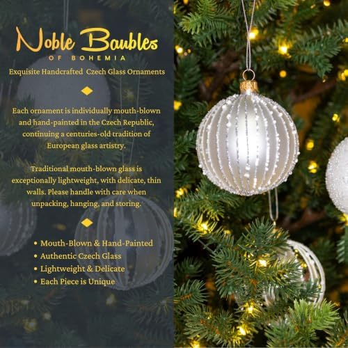 Luxury Handcrafted European Glass Christmas Ball Ornaments - Set of 6 - Silver & White - Frosted Luxe - 8 cm - Mouth-Blown & Hand-Painted
