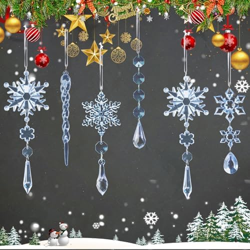 Crystal Christmas Tree Ornaments, Blue Acrylic Snowflake & Icicle, 32pcs