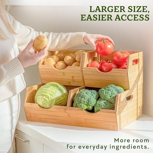 HOMESTEAD Extra Large Bamboo Pantry Storage Bins – 30% Larger, Stackable Potato Onion Storage Bin, Pantry Organizers and Storage, Produce Vegetable Organizer, Set of 3