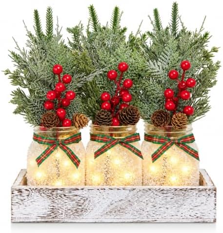 Mason Jar Christmas Centerpieces for Tables, Winter Xmas Table Decorations