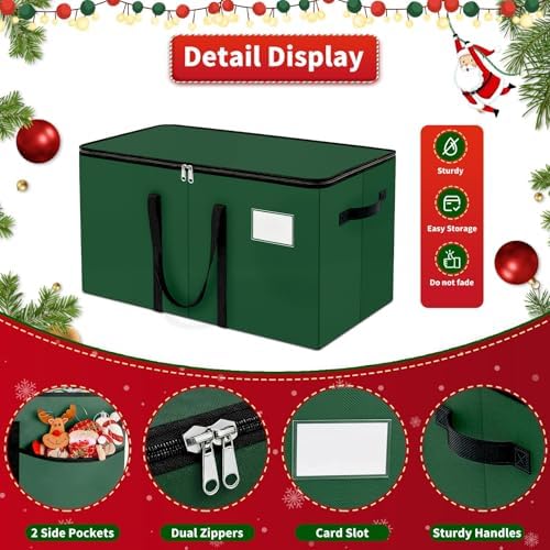 Christmas Ornament Storage Box, 8 Individual Trays with Handles, Green