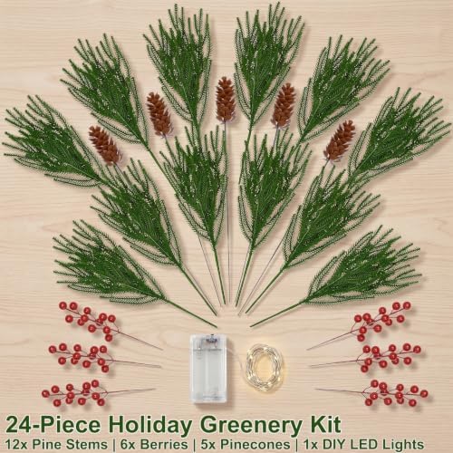 24 Piece Set: 12Pcs Norfolk Pine Branches with LED Lights, Red Berries