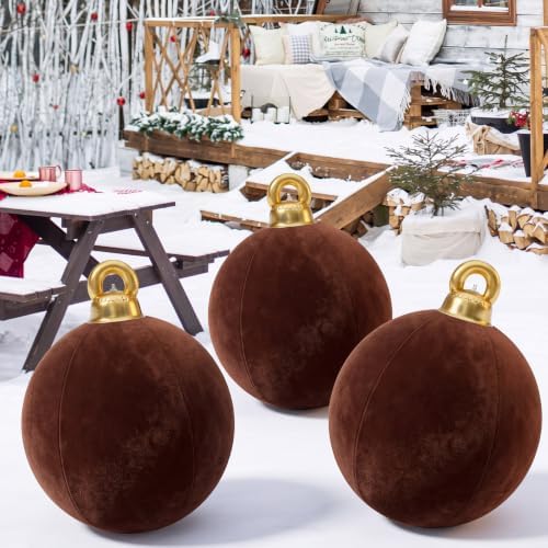 Jetec 3 Pcs 32 Inch Giant Velvet Christmas Inflatable Balls, Reddish-Brown
