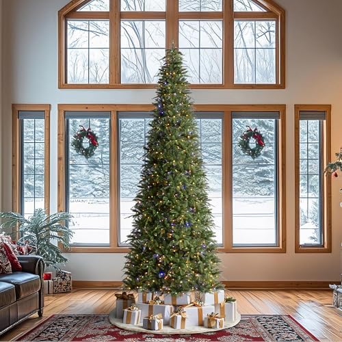 Glitzhome 11ft Pre-Lit Christmas Tree,Hinged Slim Artificial Xmas Tree,Radiant Evergreen Fir with 850 Warm White/Multi-Color LED Lights,9 Function,w/Remote Control for Home,Office,Party Decoration