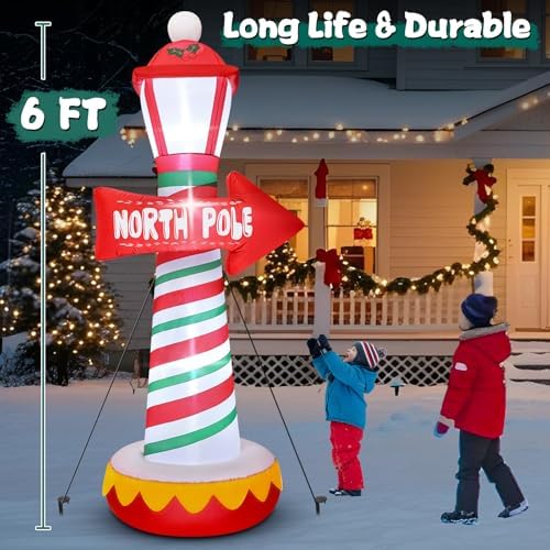 6 FT Christmas Inflatables North Pole Road Sign Outdoor Decoration, Blow Up Street Lamp with Built-in LED Lights, Santa Claus Arctic Road Sign for Holiday Display Lawn Garden Yard Xmas Decor