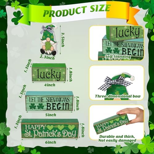 Moucuny 4 Pcs St. Patrick's Day Wood Signs Gnome Tiered Tray Table Decor