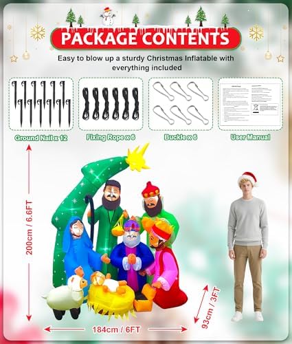 EAONE 7FT Christmas Inflatable Nativity Scene Outdoor Decorations, Christmas Blow Ups Yard Decorations Nativity Sets with 1.5 Meter String Lights for Garden Lawn Xmas Holiday Decor