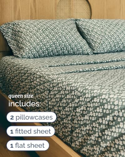 Queen 4 Piece Floral Sheet Set - Soft, Breathable & Cooling - Green Meadow