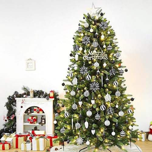 SHareconn 106PCS Christmas Balls Ornaments Set, Colorful Shatterproof Plastic Decorative Baubles for Xmas Tree Decor Holiday Wedding Party Decoration with Hanging Hooks, Black & White