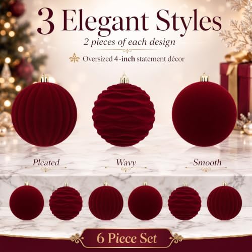 Hollowfly 6 pcs 4 Inch Burgundy Red Large Velvet Christmas Balls Ornaments