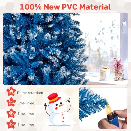 HAPPYGRILL 8 FT Pre-lit Christmas Tree Blue Hinged Artificial Xmas Tree with 420 Warm White LED Lights, 8 Modes, 1458 Frosted Branch Tips, Folding Metal Base, for Home Party Holiday
