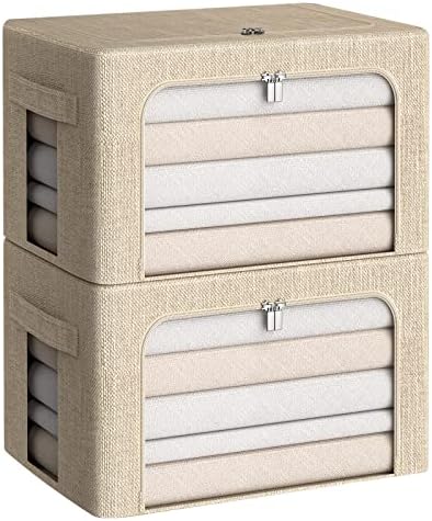 Clothes Storage Bins with Metal Frame, Clear Windows, 36L, Beige, 2-Pack