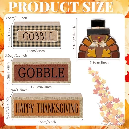 Lineshading 4 Pcs Thanksgiving Table Decor, Gobble Turkey Wooden Block Sign