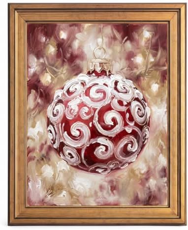 Framed Canvas Wall Art Expressive Painterly Red Glass Ornament Red and White Snow Swirls Canvas Print Poster Gold Frame Wall Decor for Living Room Holiday Decor, Christmas Spirit - Inch 24x36