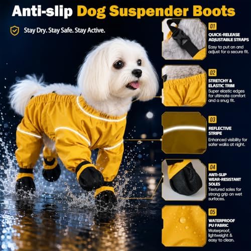 Waterproof Dog Boots Rain Boots with Suspender, Dogs Shoes Paw Protector for Small Medium Puppy, Anti-Slip Doggy Boot Belly Protector, Rain Booties Snow Pants Dog Suspender Booties Legging(L,Yellowd)