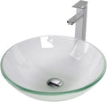 Bathroom Vessel Sink, Tempered Glass Vanity Round Bowl, Frosted | Chrome Faucet, Pop Up Drain, Above Counter, Easy Clean