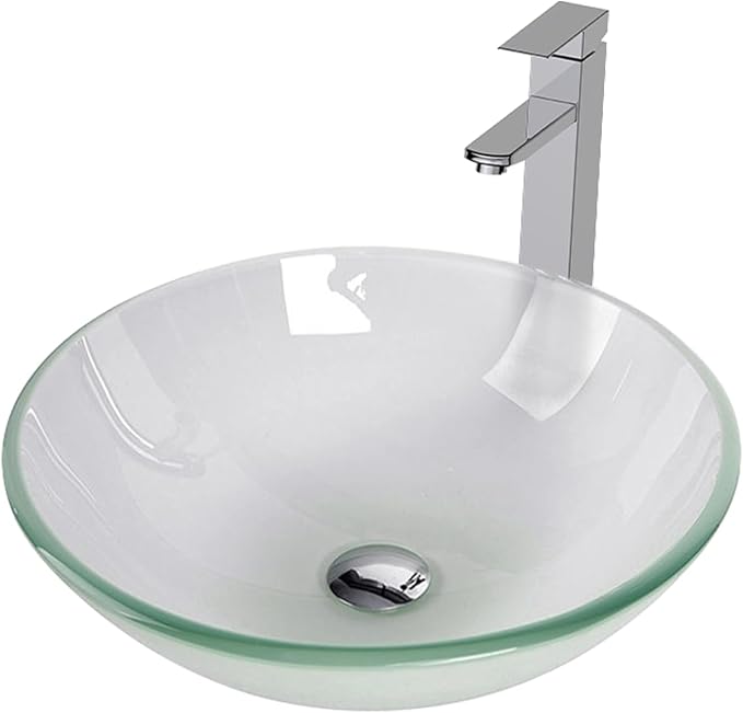 Bathroom Vessel Sink, Tempered Glass Vanity Round Bowl, Frosted | Chrome Faucet, Pop Up Drain, Above Counter, Easy Clean