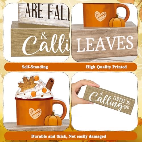 Lineshading 4 Pcs Fall Coffee Table Decor Wooden Pumpkin Latte Block Signs