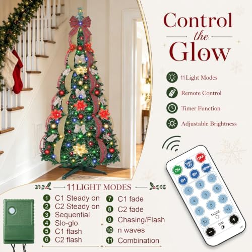 6 Ft Pop up Tree Pre-Lit Christmas Trees, Pop up Christmas Tree 200 LED Collapsible Christmas Tree Plug-in with Remote Timer 8 Lighting Modes for Outdoor Indoor Party Christmas Decor