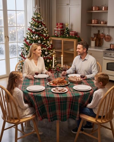 Round Christmas Tablecloth 60 Inch, Farmhouse Buffalo Plaid