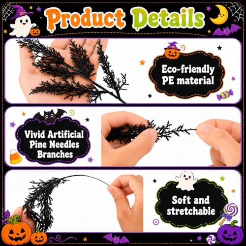 45 Pcs Halloween Black Cypress Leaf Branches, Faux Black Stems Centerpieces