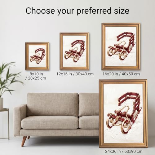 Framed Canvas Wall Art Painterly Rustic Sled Red Wood and White Snow Canvas Print Poster Gold Frame Wall Decor for Living Room Holiday Decoration, Cozy Home Art - Inch 16x20
