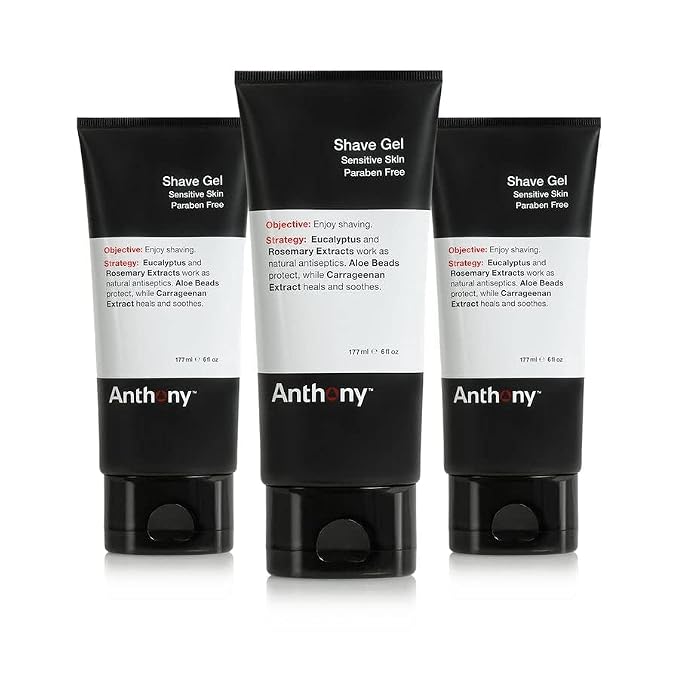 Anthony Shave Gel for Sensitive Skin – Non-Foaming, Soothing Shaving Cream for Men and Women. With Aloe Vera Beads, Eucalyptus, Rosemary and Carrageenan Extract - 6 Fl Oz (3 Pack)