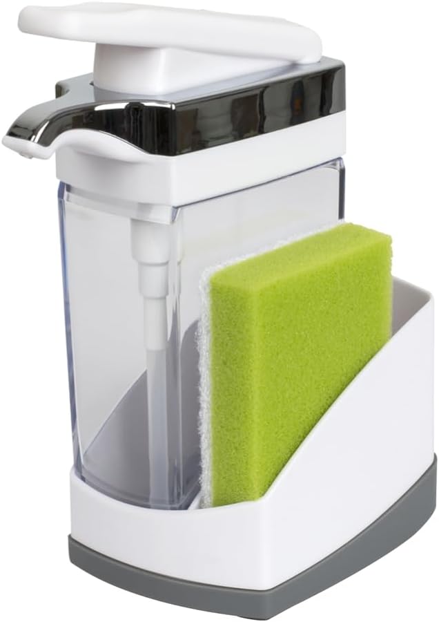 Casabella Sink Sider Solo Soap Pump and Sponge Caddy for Kitchen Sinks, Kitchen Sink Organizer Sponge Caddy and Soap Pump Combo, White