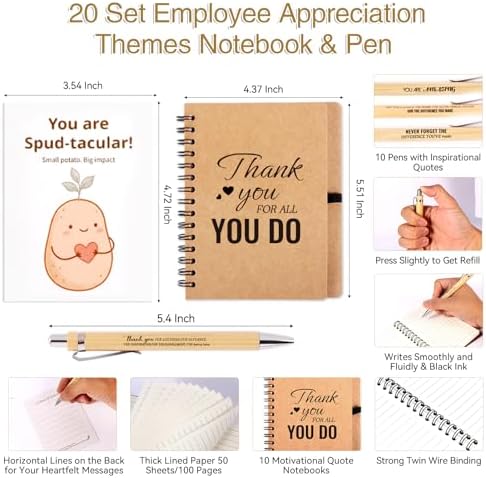 120 PCS/20 Sets Teacher Employee Appreciation Gifts Bulk – Thank You Gifts for Coworkers with Kraft Paper Gift Bags,Greeting Card,Inspirational Notebooks,Phone Stand,Team Gift for Staff, Nurse, Office