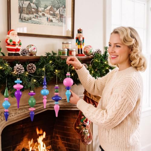 Soulchen 6 Pcs Vintage Glass Finial Christmas Ornaments Retro 6-6.8 Inch