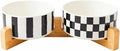 TRUVIC Ceramic Dog Bowl Set of 2 with Wood Stand, Black and White Checkered & Striped Dog Food and Water Bowl Set, 3.5 Cup/28 oz Elevated Puppy Food Bowls for Medium Dogs, Dishwasher Safe